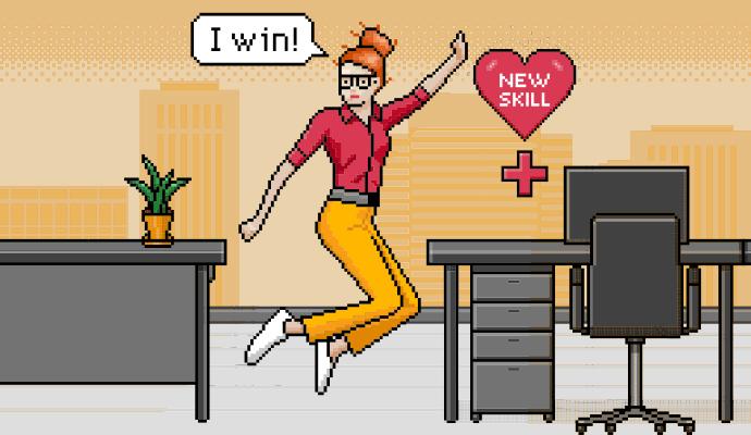 Illustration of a woman jumping in an office with an “I win!” speech bubble above her head